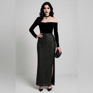 Vintage Je Matadi Silk Beaded Black Maxi Slit‎ Skirt Formal Whimsigoth Glam XS
